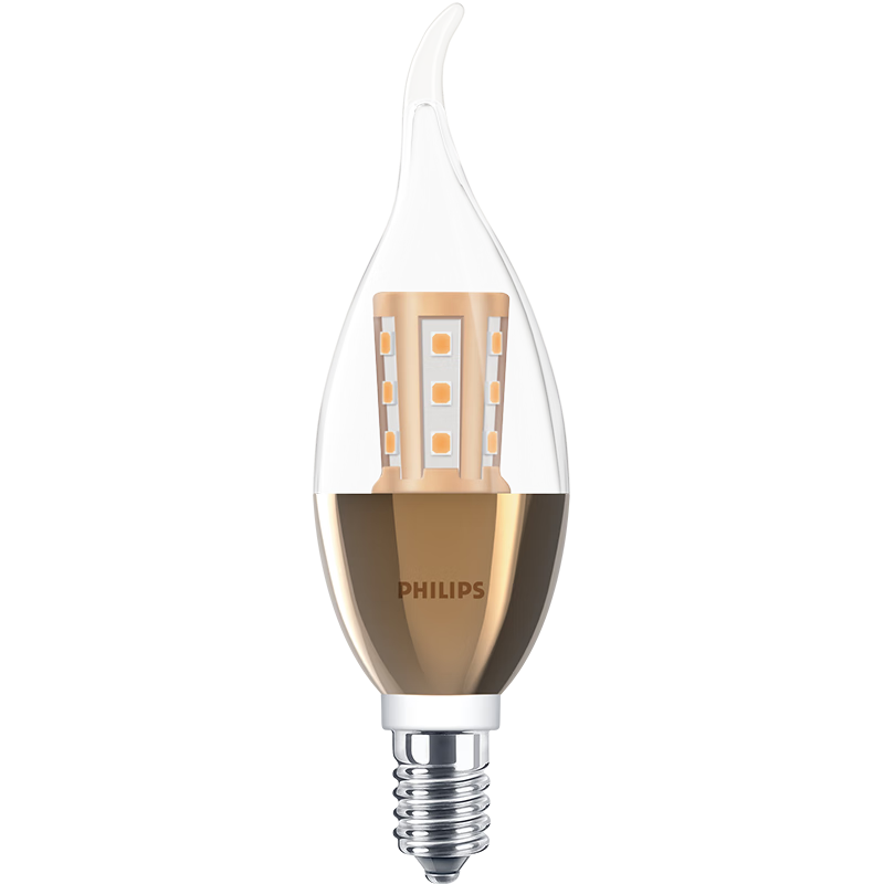 飛利浦（PHILIPS）LED燈泡E14小螺口水晶泡 家用吊燈節(jié)能照明燈具蠟燭尖泡拉尾 【拉尾泡金色】6.5W三段調(diào)色