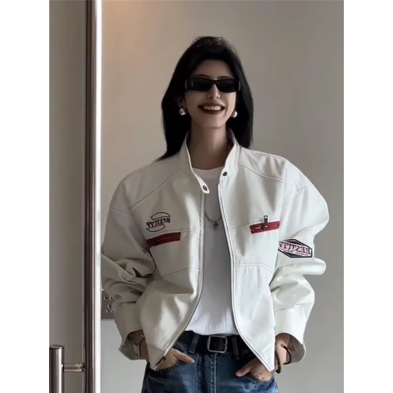POUM男装美式高街PU皮衣机车外套男女春秋冬款宽松短款刺绣潮牌夹克 YRFS-W195白色 XL 【身高175-180体重60-70】 京东折扣/优惠券