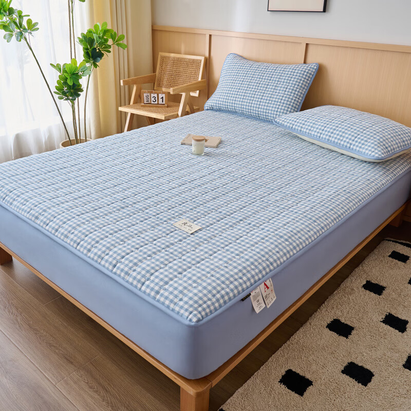 诸禄A类全棉夹棉床笠2米x2.2米2025新款四季通用床罩单件床垫保护隔脏 天蓝小格 床笠三件套 200cm*220cm