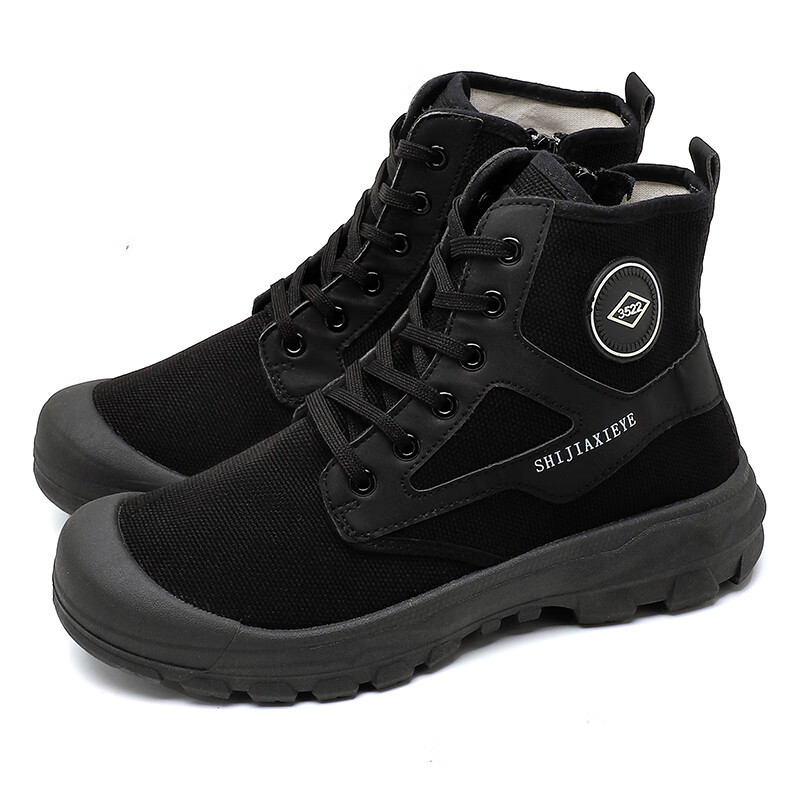 徒仕龙新款高帮迷彩鞋户外侧拉链马丁靴防滑耐磨登山休闲轻便透气工装鞋 黑色 38