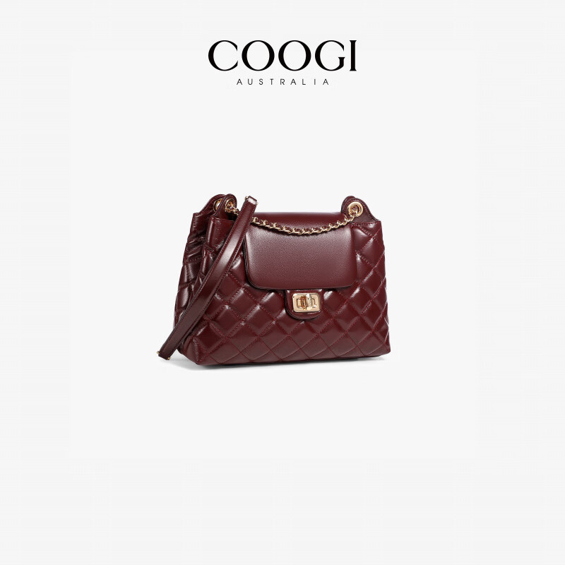 COOGI包包女款38礼物菱格链条包女士新款牛皮感斜挎包腋下包休闲 浆果红