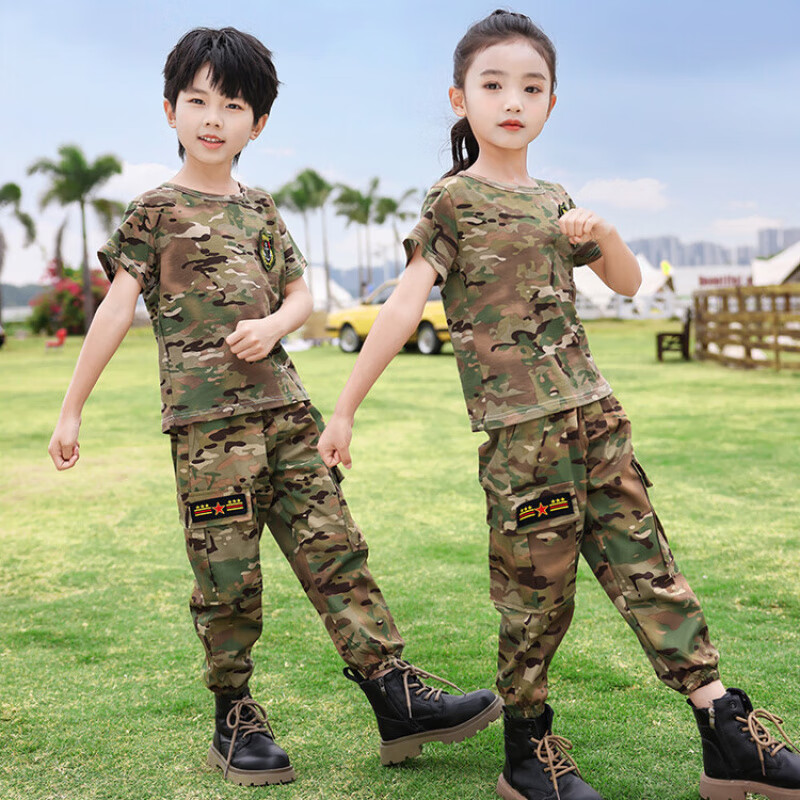 G.DUCKKIDS小黄鸭儿童迷彩服套装春秋男女童小学生夏令营军训服幼儿园演出服 绿色三件套 110 (建议身高100cm 4-5岁)cm