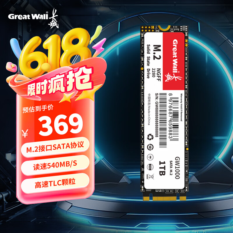 长城（Great Wall）1TB SSD固态硬盘 M.2接口SATA协议 读速550MB/S GW1000系列