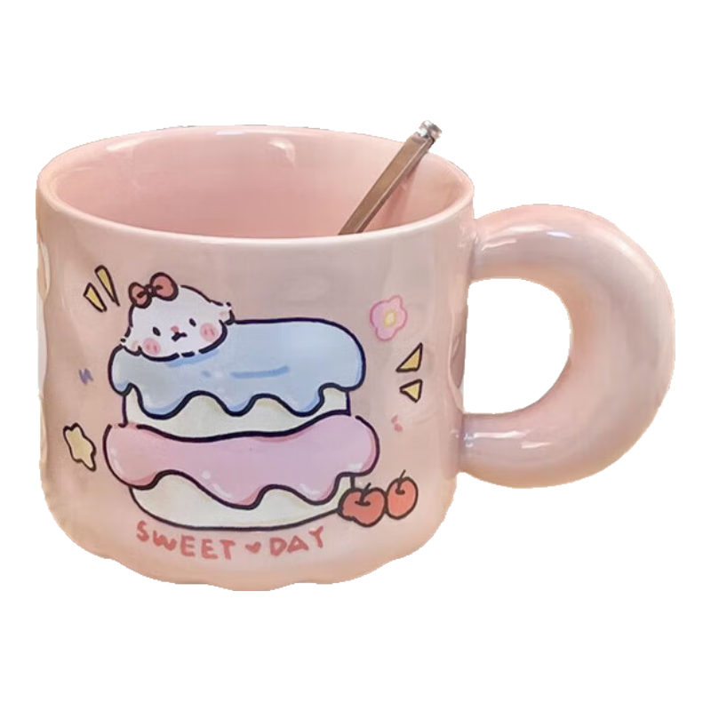 可爱fufu生日蛋糕马克杯带盖勺陶瓷杯送女生高颜值有意义生日礼物 奶酪生日蛋糕杯+勺1个350ml