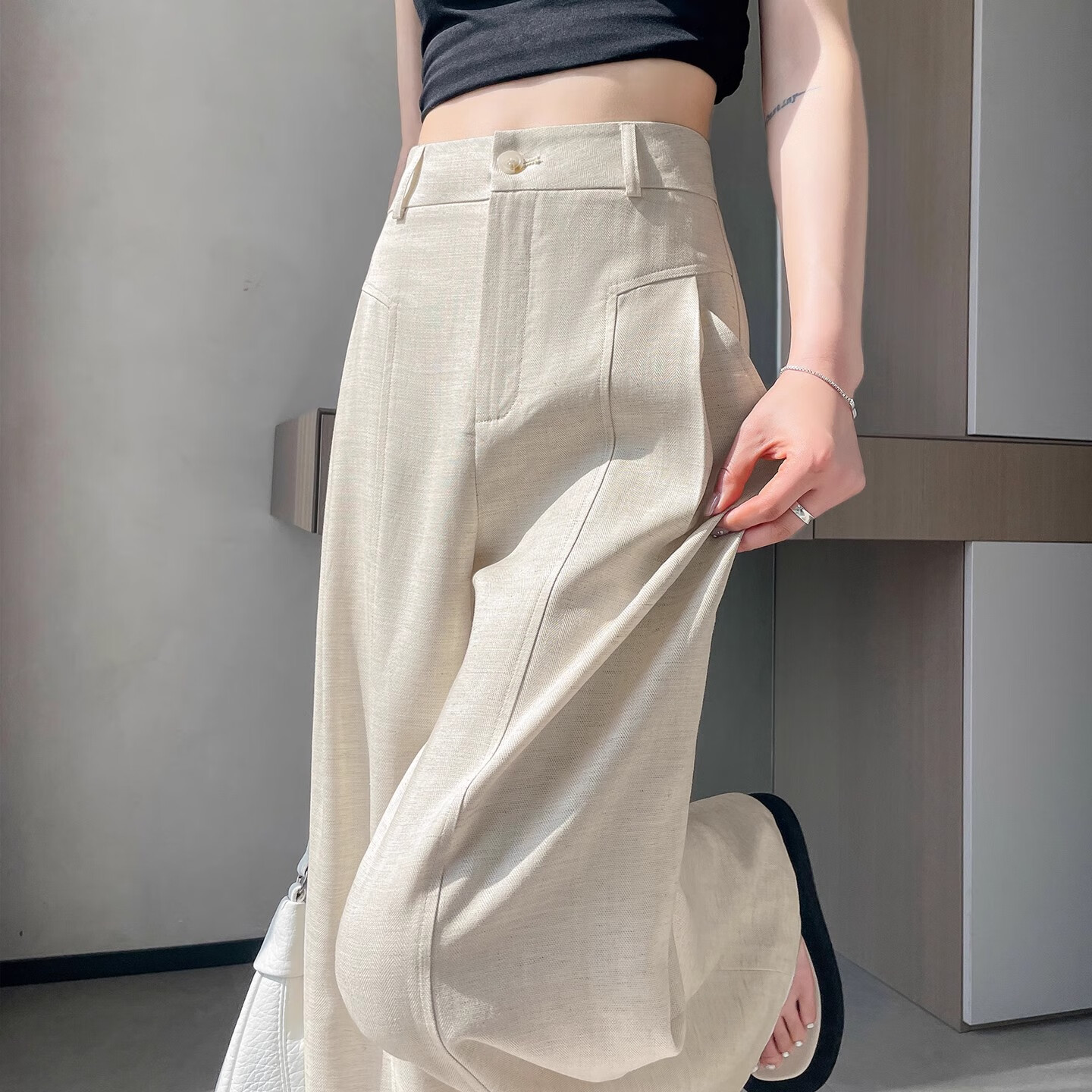 浪莎亚麻阔腿裤女新款夏季冰丝休闲裤高腰垂感小个子直筒薄款西装裤 白色【抗皱收肉显瘦塑身】 L 推荐体重(109-118斤)