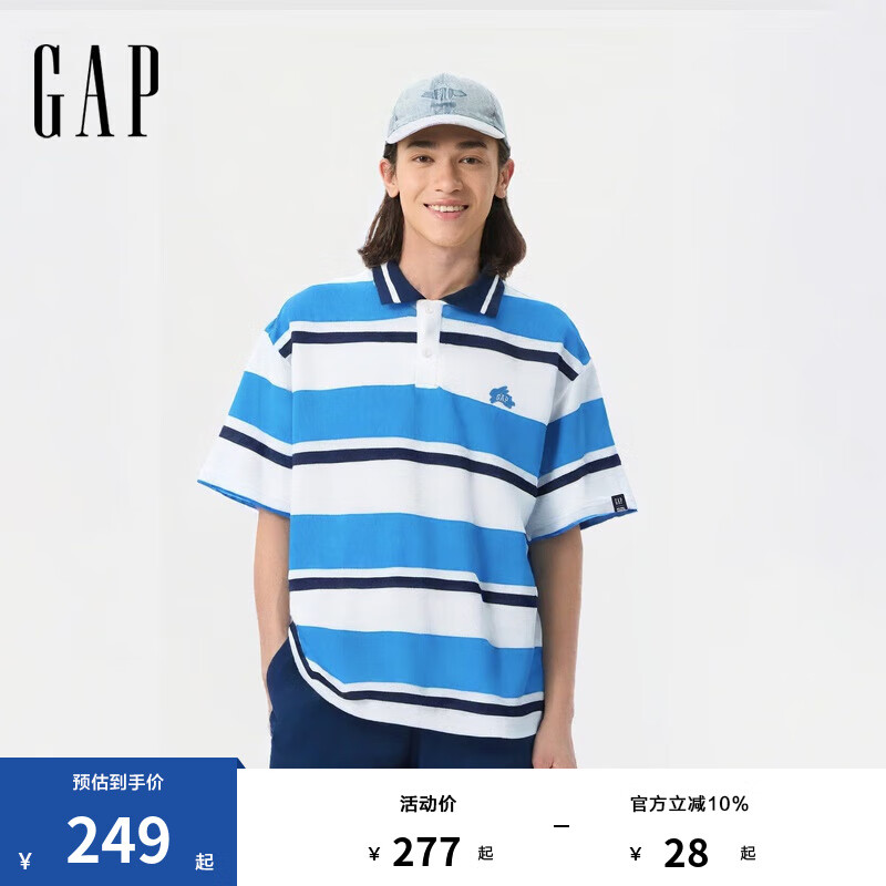 Gap【MTSS联名】2025夏新款男女装珠地撞色条纹短袖polo衫727965 蓝色条纹 XL (180/100A) 亚洲尺码