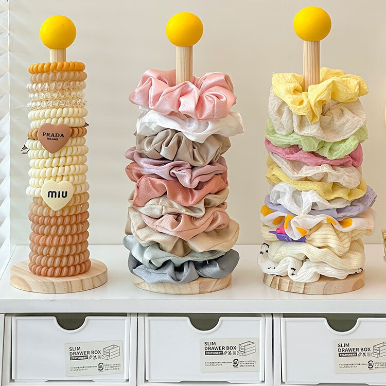 加恩倍木质大肠发圈收纳架高颜值皮筋头绳头花鲨鱼夹收纳神器发饰展示架 发饰展示架+奶黄球【1个】