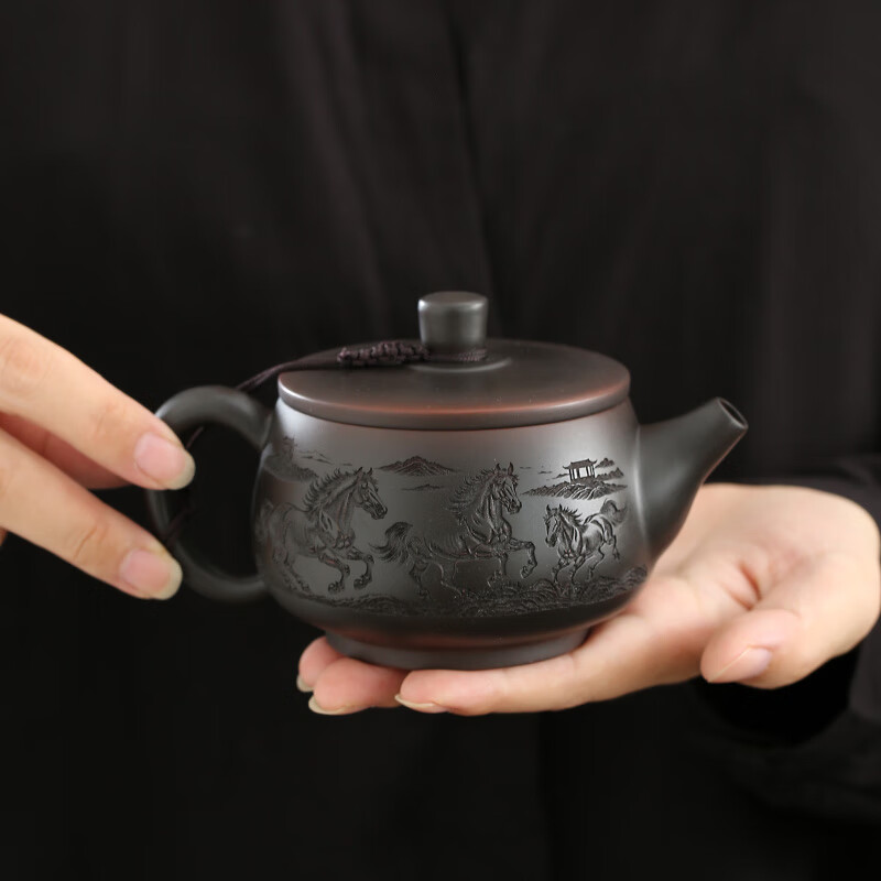 颖器紫陶壶茶壶凤鸣壶大口汉瓦壶280ml家用泡茶壶中式手工紫砂壶茶具 04紫陶汉瓦壶+2杯(礼盒装) 280ml