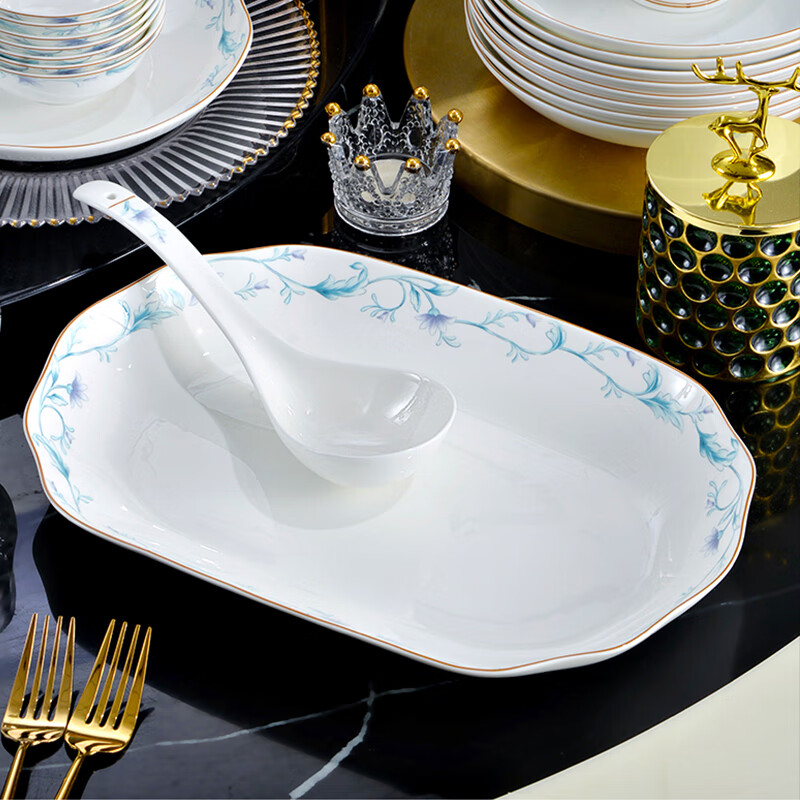 京峰阁 碗盘餐具整套碗具套装 景德镇陶瓷碗盘碟勺子家用中式乔迁礼物 碧蔓青华骨瓷餐具礼盒装