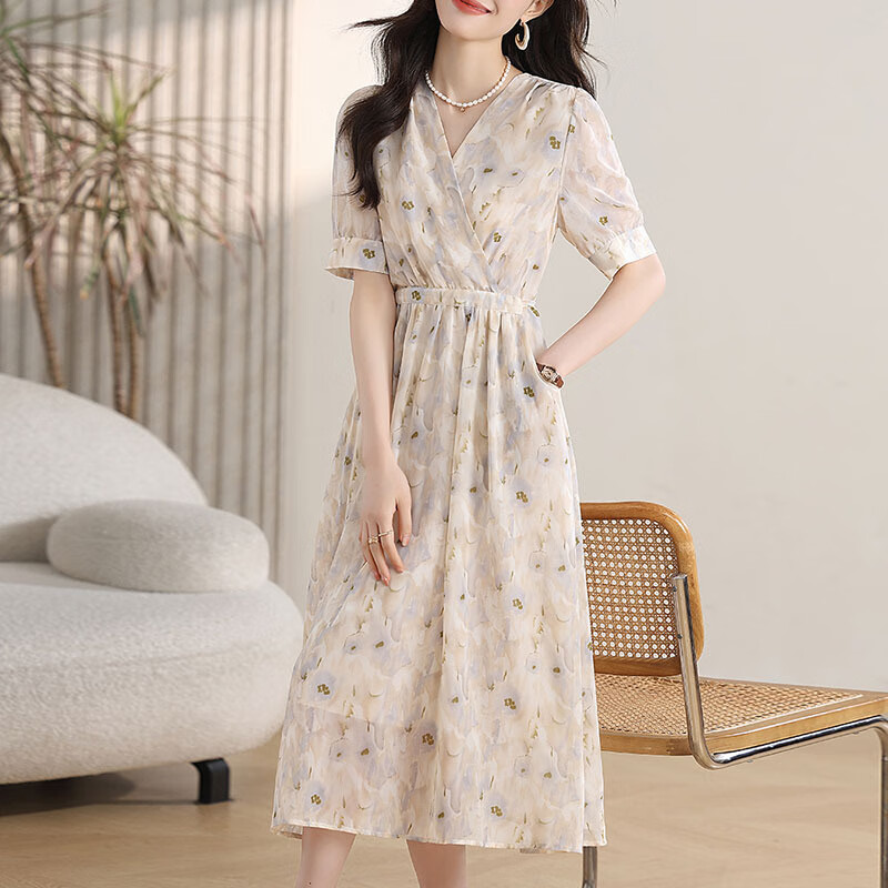 苏盈珈可法式短袖连衣裙女2025夏季新款气质名媛修身显瘦碎花裙子大码女装 杏色 L