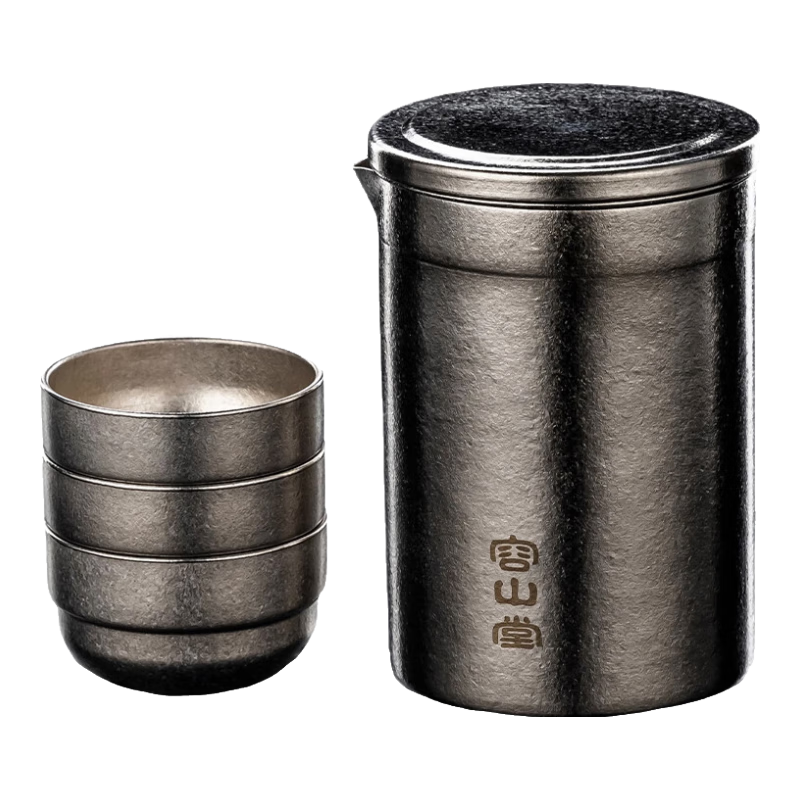 容山堂純鈦旅行茶具套裝 隨身輕盈便攜式茶水分離 戶外露營快客杯泡茶器 高海純鈦鷹口泡茶器+鈦杯*3