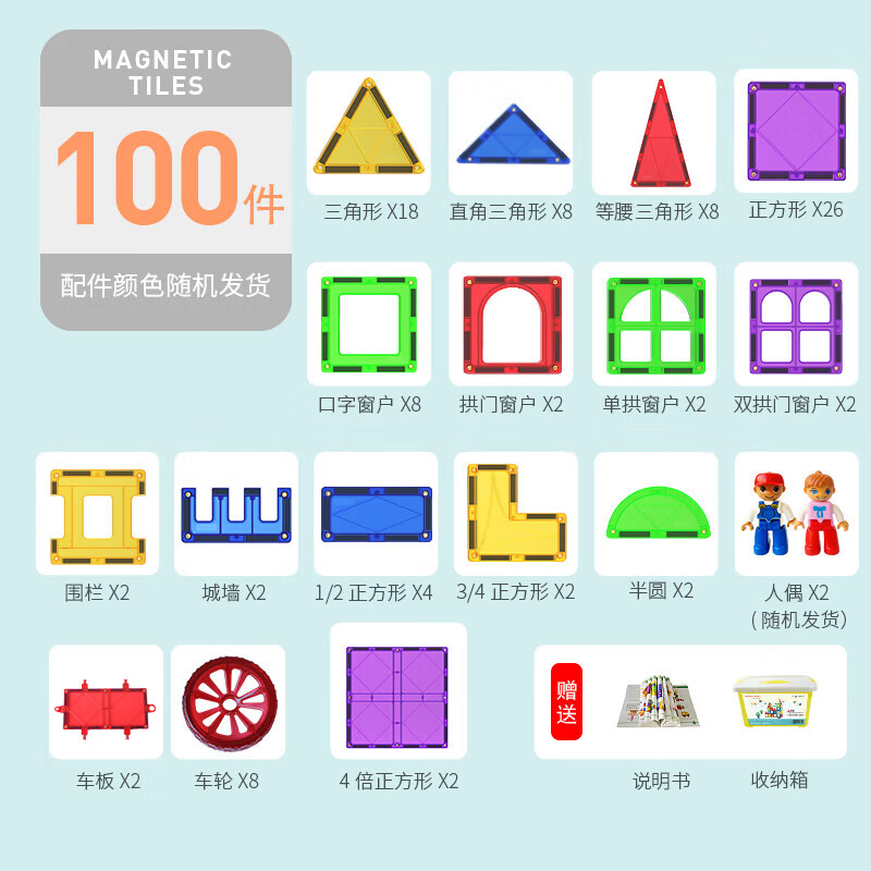 魔磁玩家(MAGPLAYER) 大彩窗7.5cm大號磁力片積木兒童節(jié)禮物玩具 100件大彩窗送收納桶
