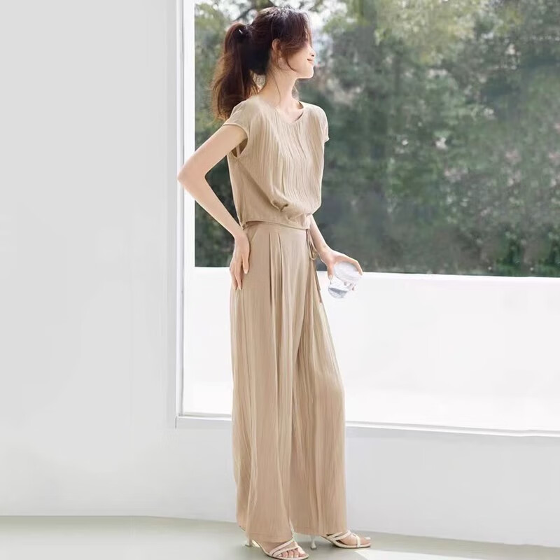 夏典素订女王（SE.PSTP）轻薄透气穿搭一整套女夏季时髦洋气宽松无袖上衣阔腿长裤两件套装 卡其色 【上衣+长裤】 S 建议【80-99斤】