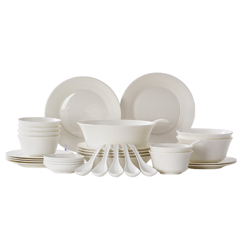 華光國瓷 高端骨瓷餐具套裝 無(wú)鉛鎘純白浮雕碗盤(pán)整套 四合吉祥 【六人配】 32頭