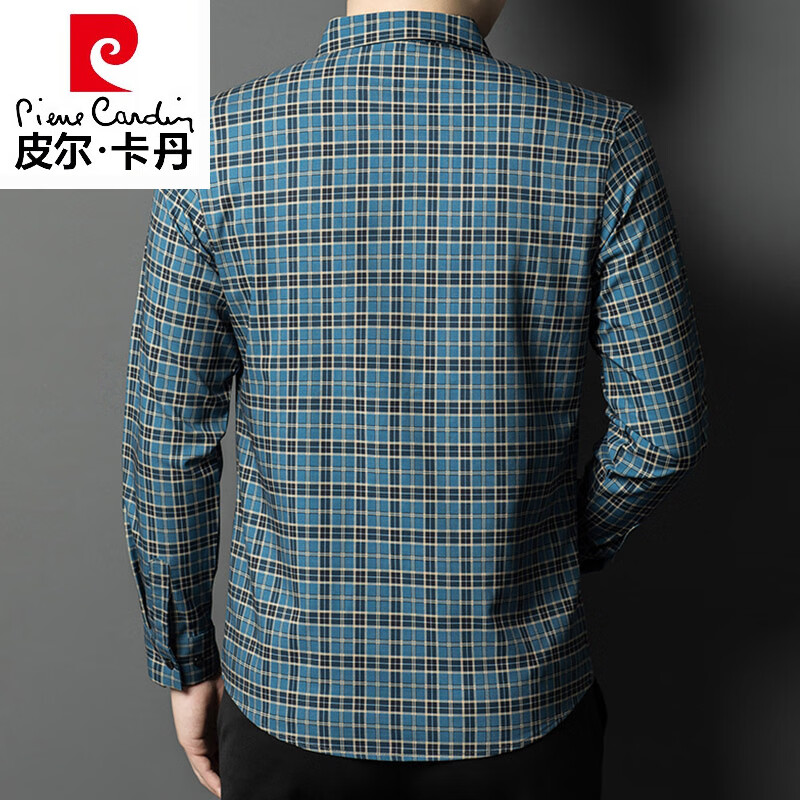 皮尔卡丹（pierre cardin）高档款新款时尚正品格子桑蚕丝长袖衬衫男士春秋休闲免烫真丝衬衣 Z2719款兰色--长袖 XL 175
