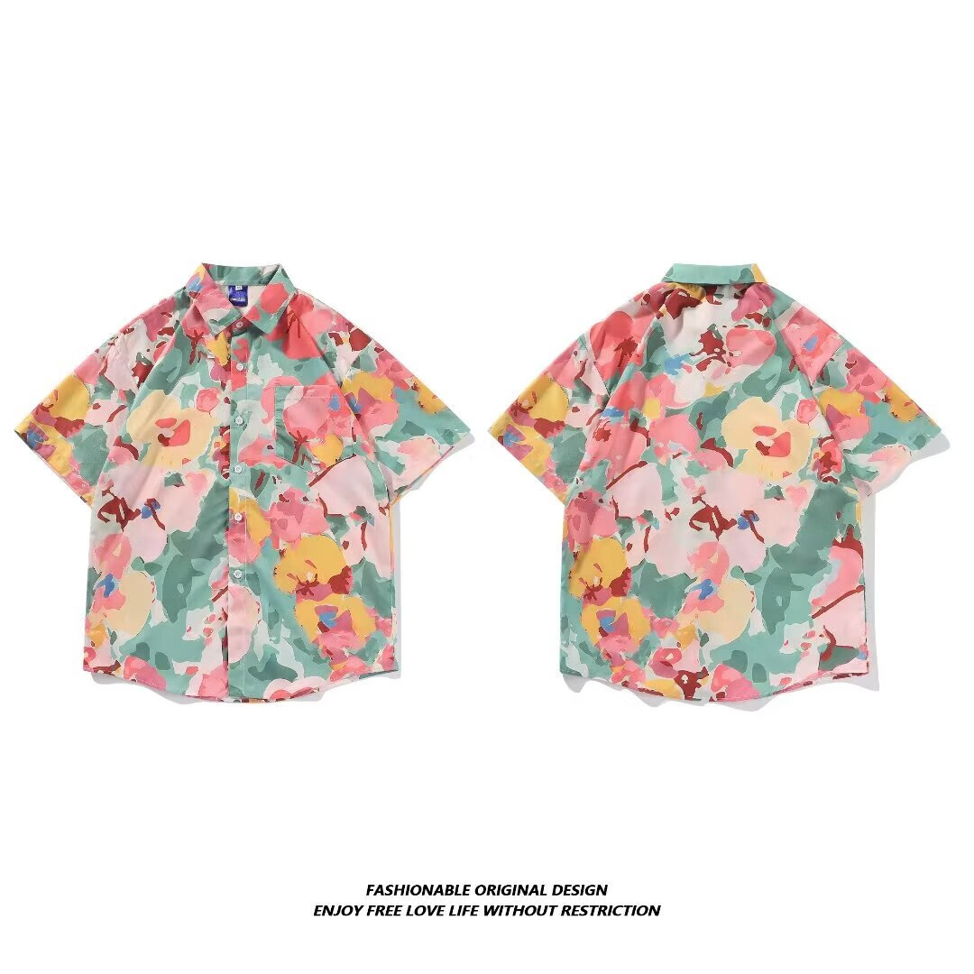 【精选】夏季短袖花衬衫海南岛度假花衬衫男情侣花设计感油画满印 图色 2XL