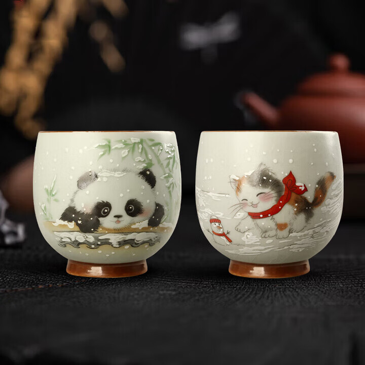 陶立方开片汝窑猫咪对杯品茗杯陶瓷杯主人杯家用对盏套装功夫茶具茶盏 腰鼓杯-熊猫+雪人猫