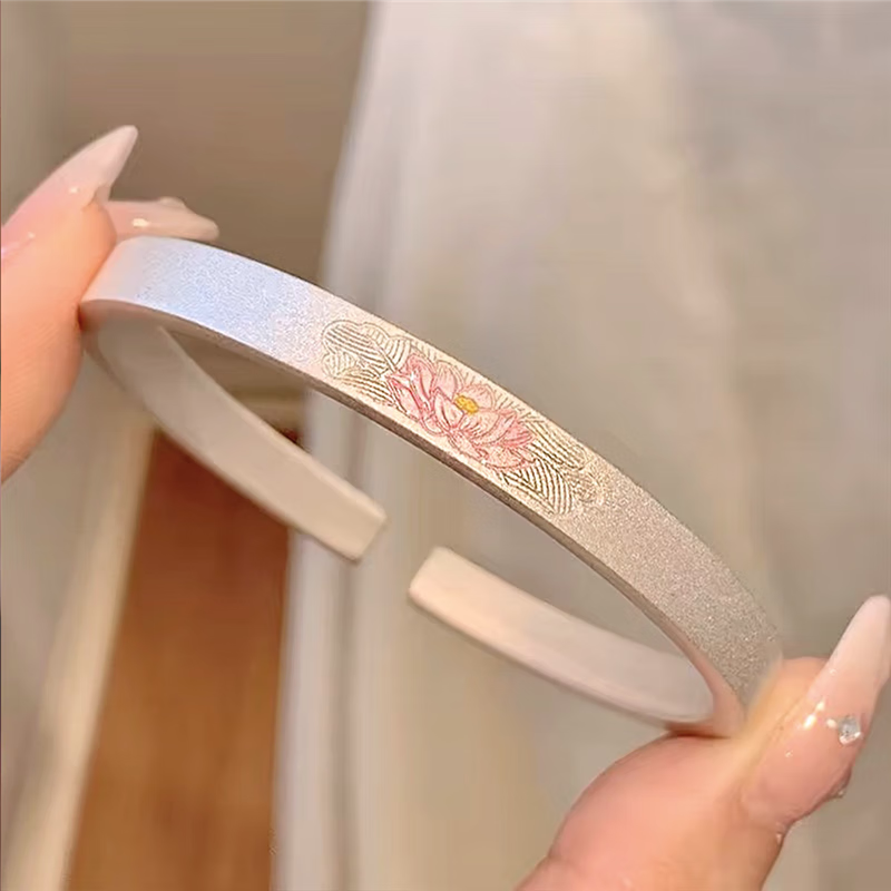 珐琅彩莲花纯银手镯女新中式古法实心开口9999足银镯子荷花 30描金吉言猫 【送证书精