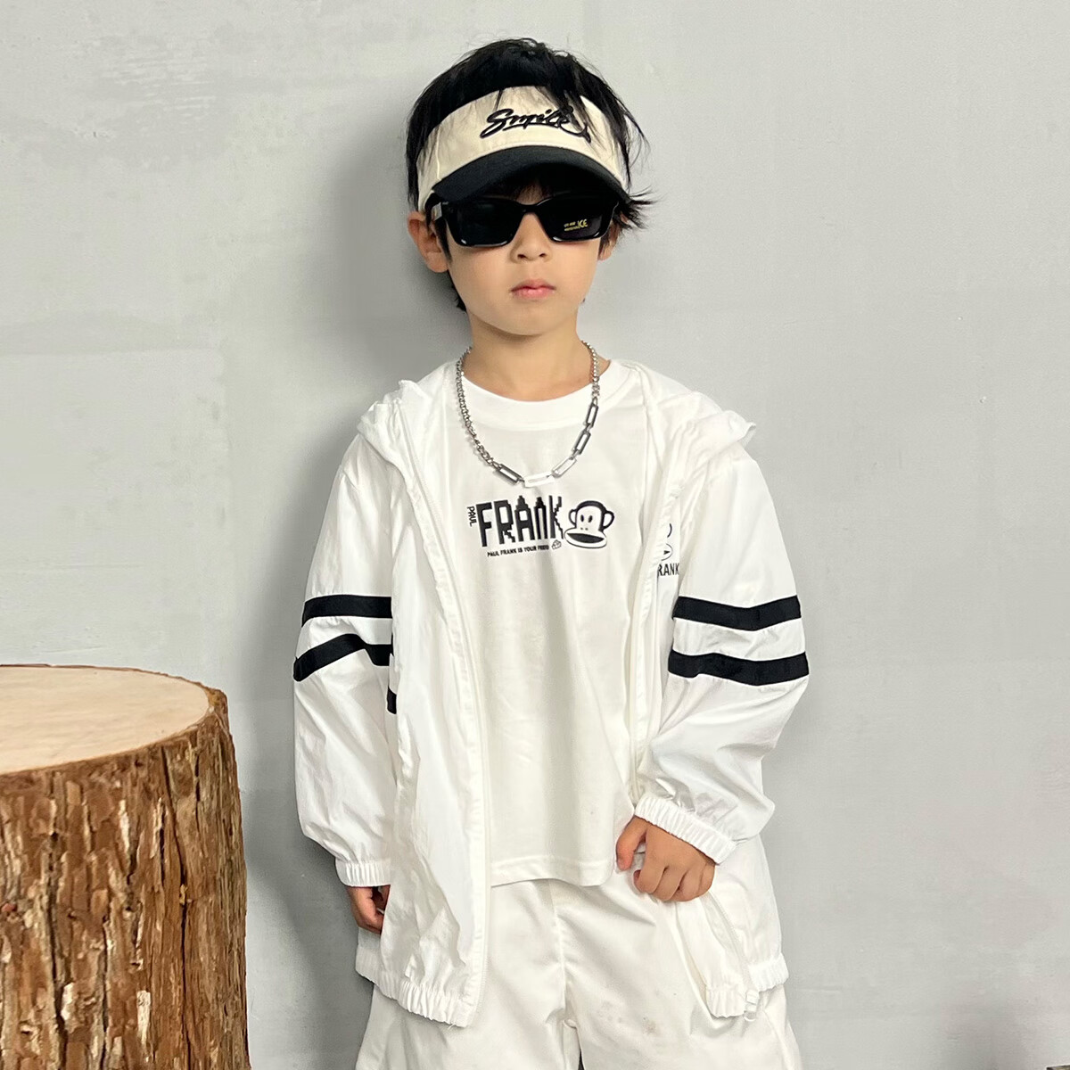 大嘴猴（paul frank）童装儿童防晒服2025夏款户外运动遮阳透气开衫连帽宽松舒适皮肤衣 120F白色 160