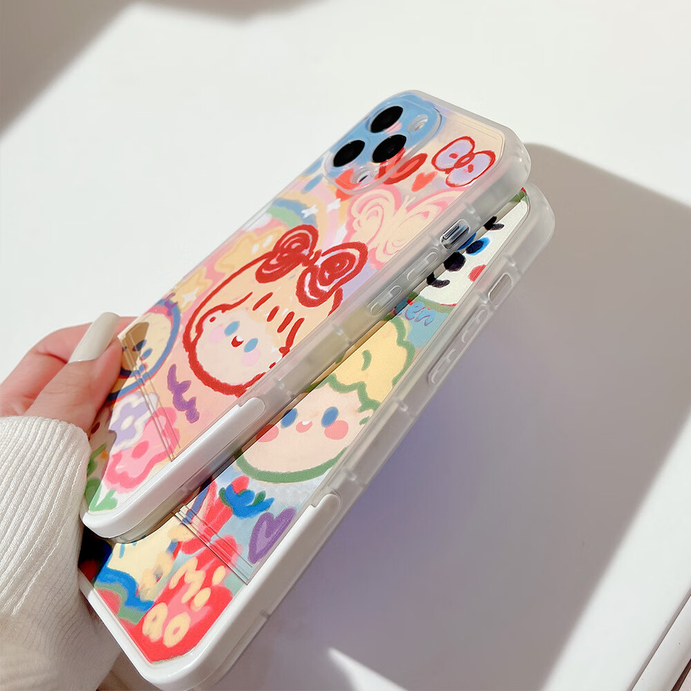 【实用】卡通情侣涂鸦15适用iPhone13promax苹果手机壳14隐形支架 白色宠物男孩 16promax