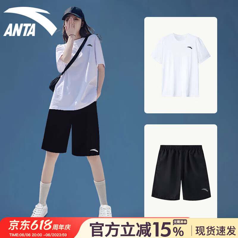 安踏（ANTA）运动套装女冰丝速干T恤短裤女士夏季薄短袖跑步健身运动服体考女 白黑-速干套装 M