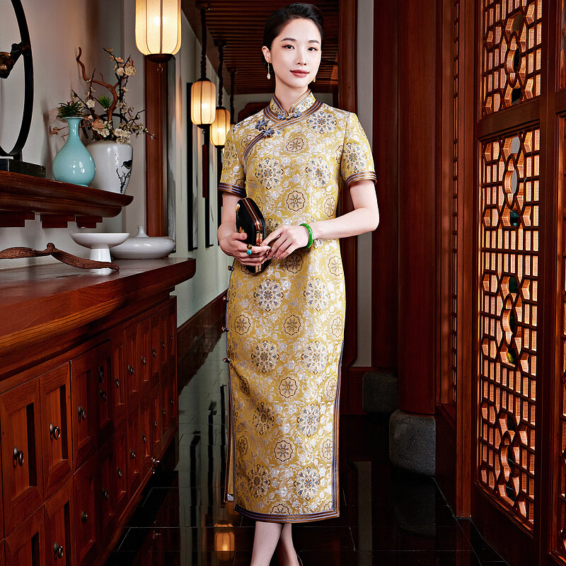 玺玥中国风传统古典丨非遗老宋锦丨旗袍高端手工花扣宴会礼服夏季 黄色 3XL