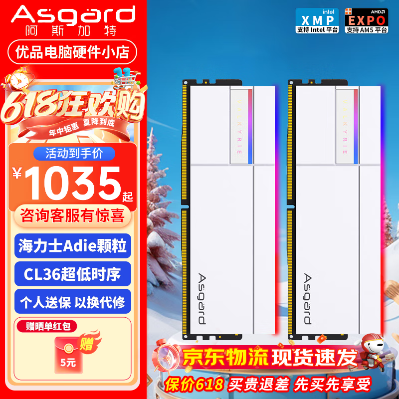 阿斯加特女武神/雷神/海姆达尔/海拉/博拉琪 DDR5台式机内存条 RGB灯条 女武神Ⅱ 白 16G*2 8000 C36 A