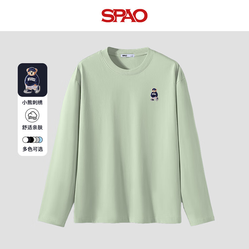 SPAO纯棉长袖T恤男女2025年春秋新款户外运动通勤上衣SPCX25ST01XY 浅绿/海军熊-贴布绣 2XL