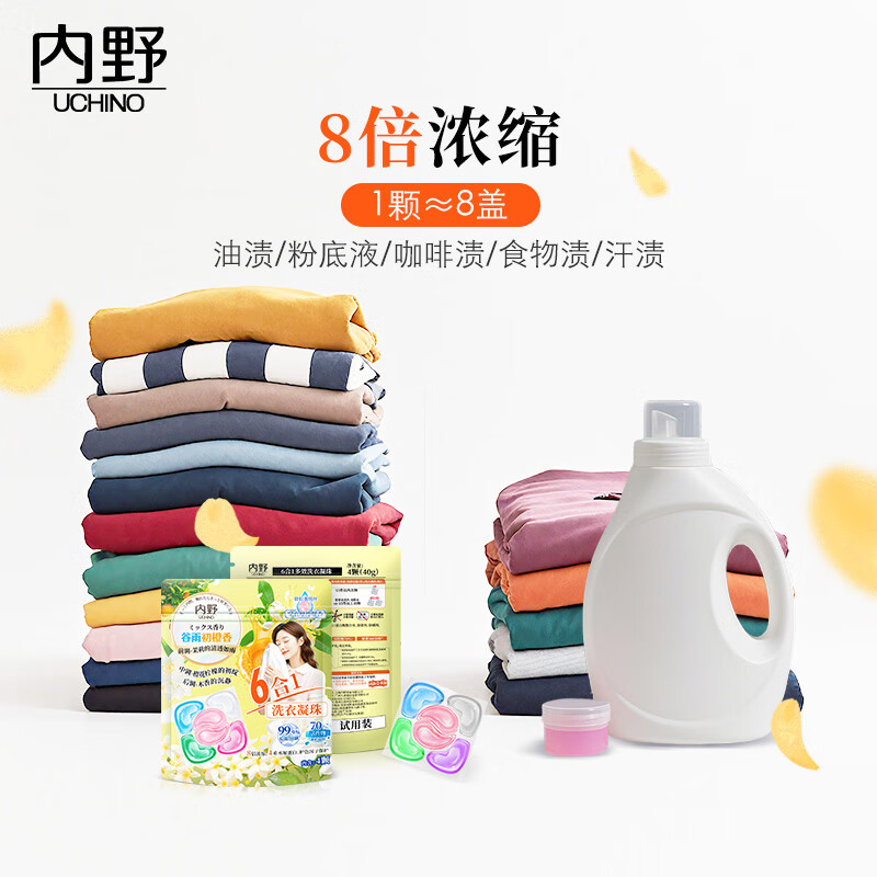 内野（UCHINO）香氛洗衣凝珠20颗浓缩洗衣液 99%抑菌除螨洁净柔护橙香持久留香 洗衣凝珠试用装4粒