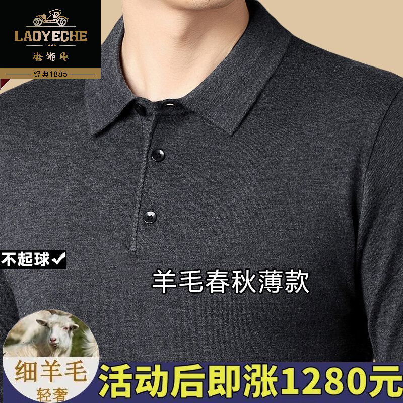 老爷车高档100%羊毛衫长袖T恤男士春秋薄款针织打底衫毛衣中年翻领上衣 哈青-【高档细羊毛】长袖 XL 175【建议130-145斤】