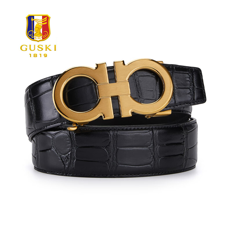 古士旗（GUSKI）法国品牌男士皮带男真皮自动扣头层牛皮腰带男裤带生日情人节礼物 金色拨扣+鳄鱼纹【花束礼盒】 115cm -130cm随机/联系客服指定cm