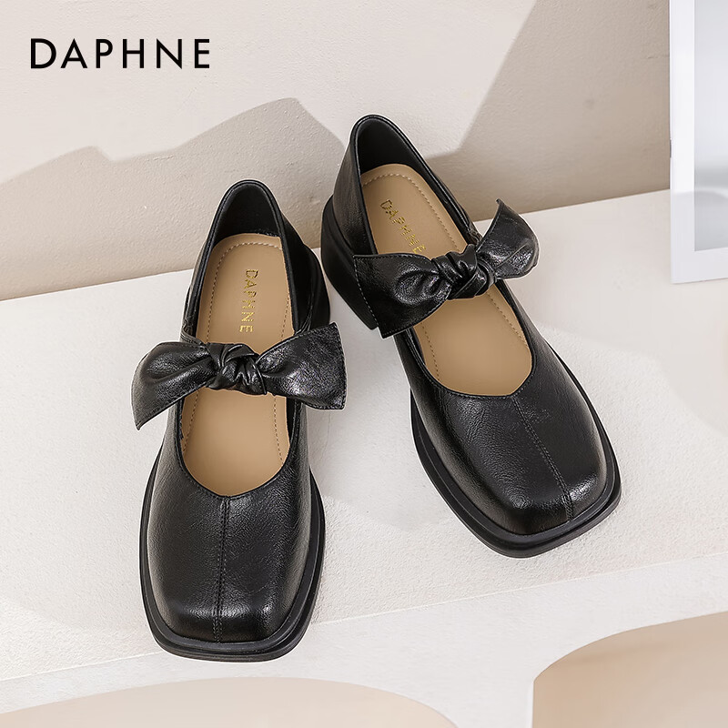 达芙妮复古玛丽珍女鞋2025新款鞋子女单鞋学院风乐福鞋厚底百搭小皮鞋ZJ 黑色【蝴蝶结款】 39