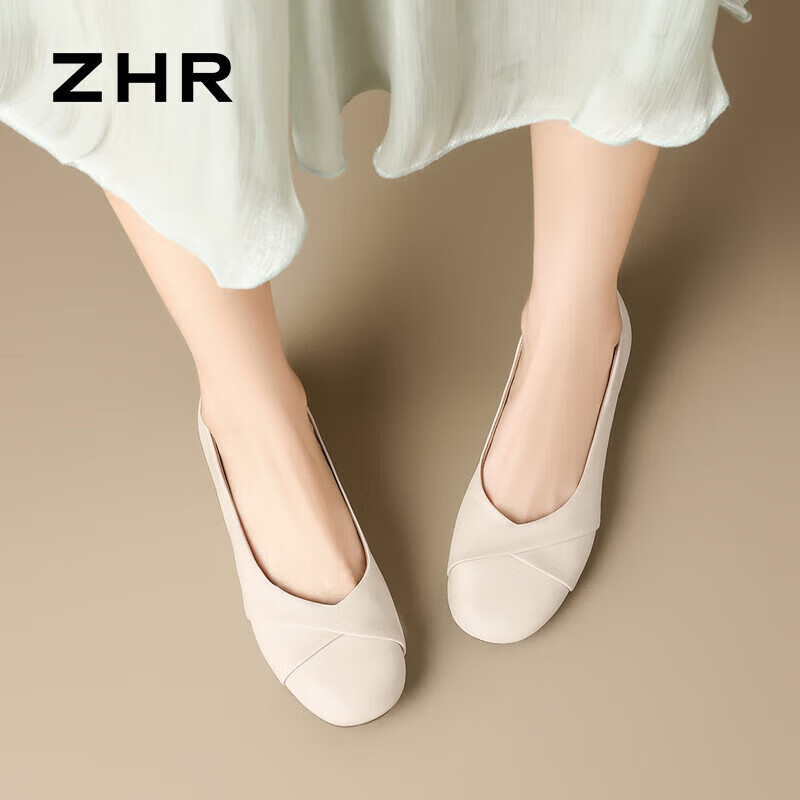 ZHR则则单鞋女通勤风平底船鞋女浅口小皮鞋一脚蹬2026新款女鞋AH582米36