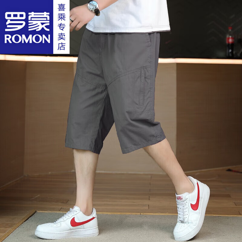 罗蒙(ROMON)纯棉过膝半截大裤衩六分休闲短裤男士潮流百搭直筒七分裤夏季薄款 黑蓝色 XL