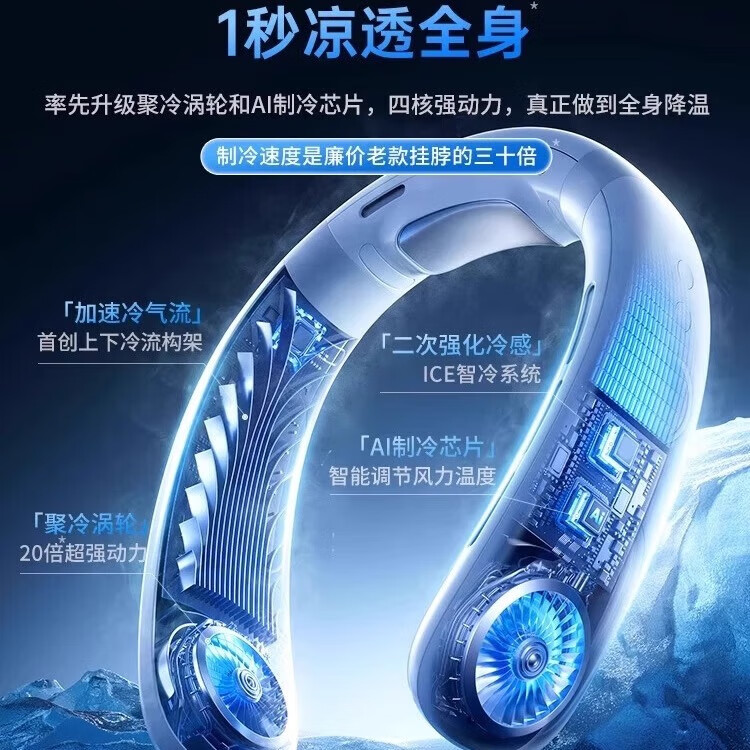 凝阳【半导体冷风】挂脖风扇制冷空调超长续航便携式随身迷你小型usb静音学生挂脖子户外降温神器 冰川白 3600mAh 【48小时超长续航】16℃空调冷风ICE超导制冷