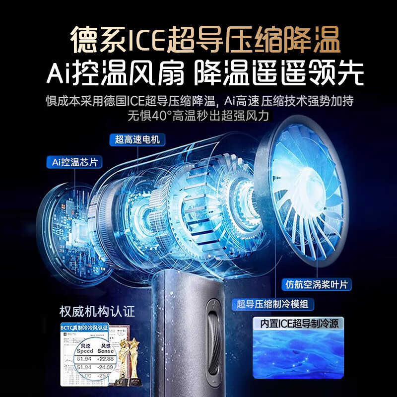 萨勒芬妮【冰感小风炮丨高速涡轮压缩】手持小风扇超长续航冷风小型风扇迷你便捷式手拿静音数显大风力随身 菱花白【高速飓风·超导冰磁降温】 100档空调级降温丨户外旅行露营必备