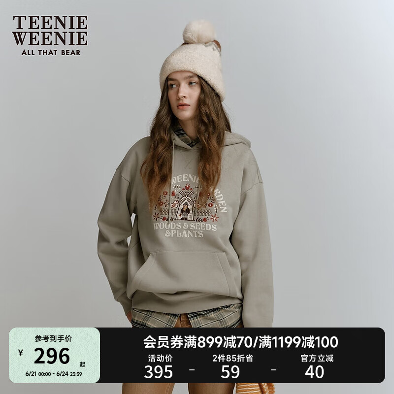 Teenie Weenie小熊女裝休閑簡約冬季運動加絨連帽衛(wèi)衣寬松時髦復(fù)古 軍綠色 S (160)