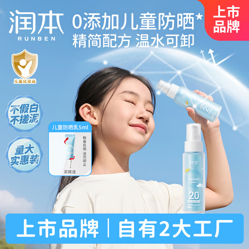 润本（RUNBEN）儿童防晒乳99mlSPF20PA++儿童防晒霜大容量真空装户外游玩防晒黑