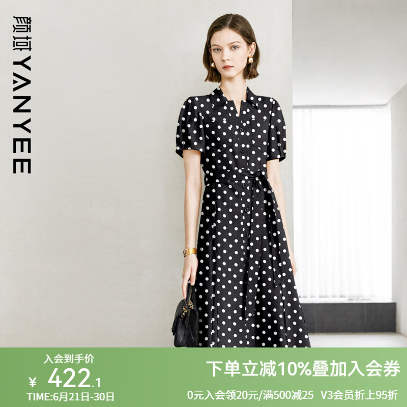 颜域波点连衣裙女2025夏季新款收腰显瘦中长款通勤高级感短袖裙子 黑白点 L