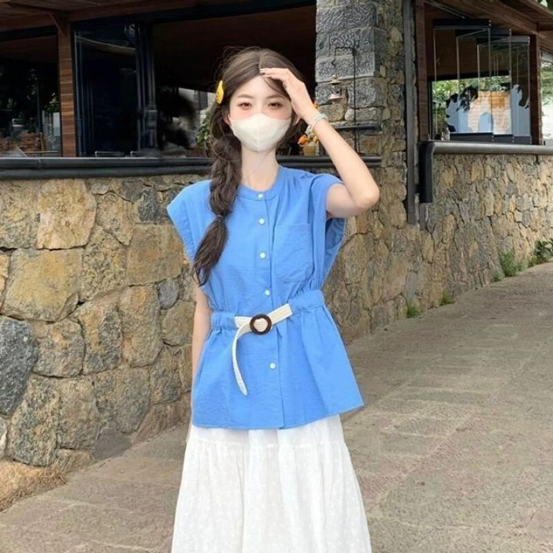 恒源祥小清新飞袖上衣女夏新款多巴胺穿搭套装法式独特漂亮掐腰短袖衬衫 黄色 S 80--95斤左右