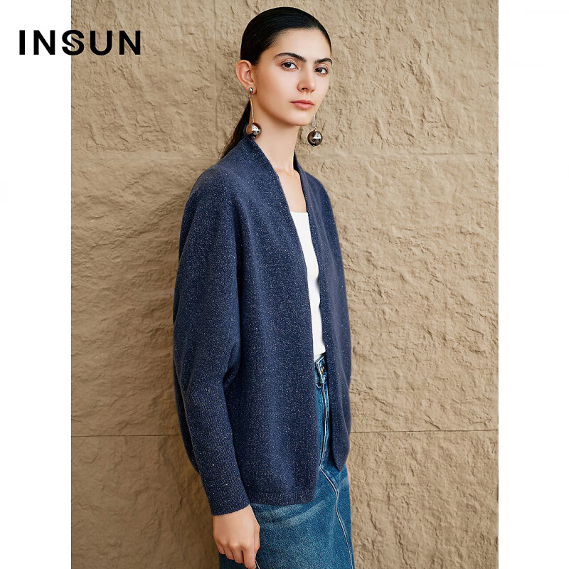 INSUN恩裳专选秋季女装「美丽诺」羊毛珠片蝙蝠袖针织开衫 藏蓝 M 38
