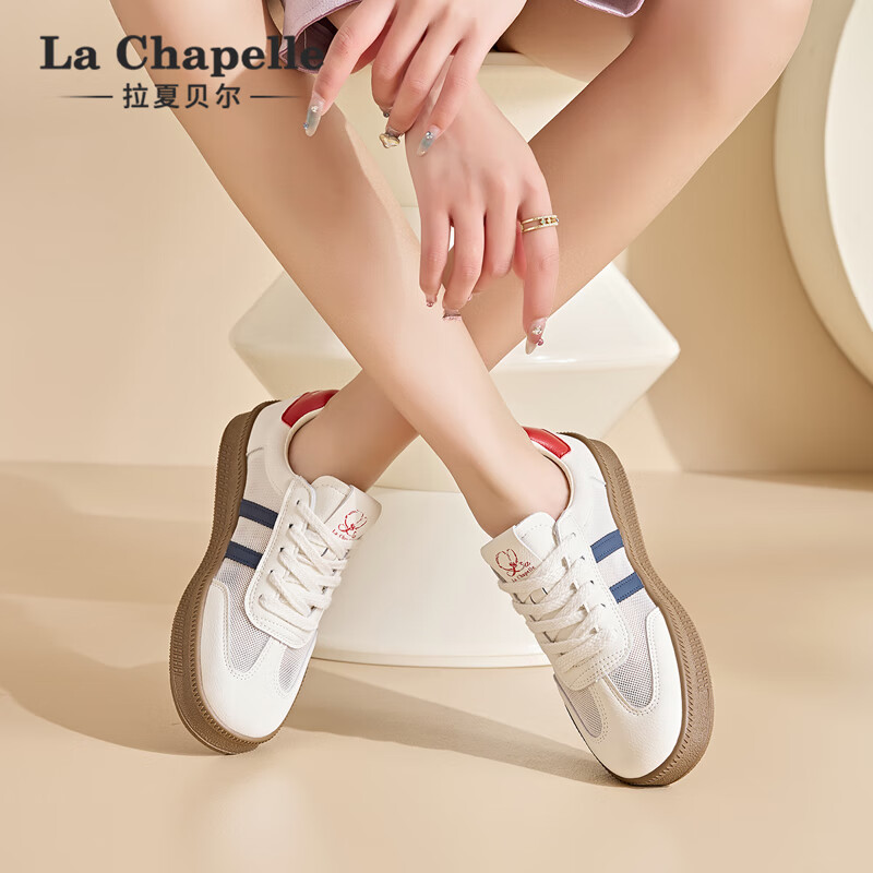 拉夏贝尔女鞋徳训鞋女网面透气小白鞋低帮厚底轻便简约休闲徳训鞋子女 蓝红 37