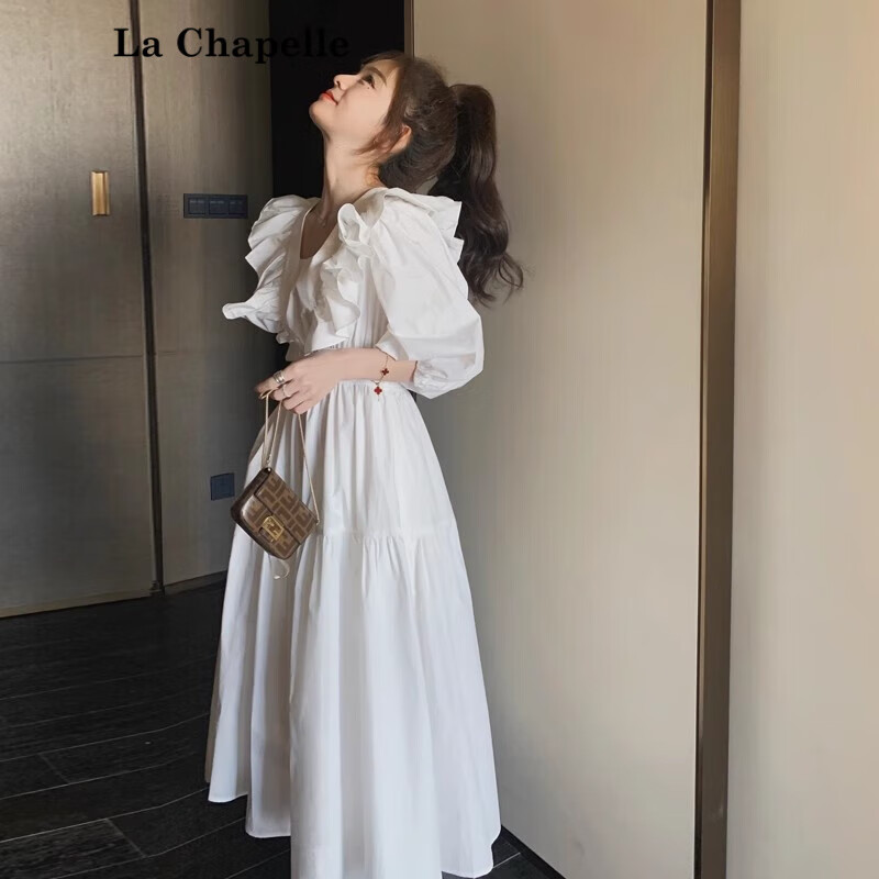 拉夏貝爾（La Chapelle）法式白色連衣裙女夏2025新款收腰顯瘦露背裙子仙女氣質(zhì)仙公主裙 白色 S 105斤內