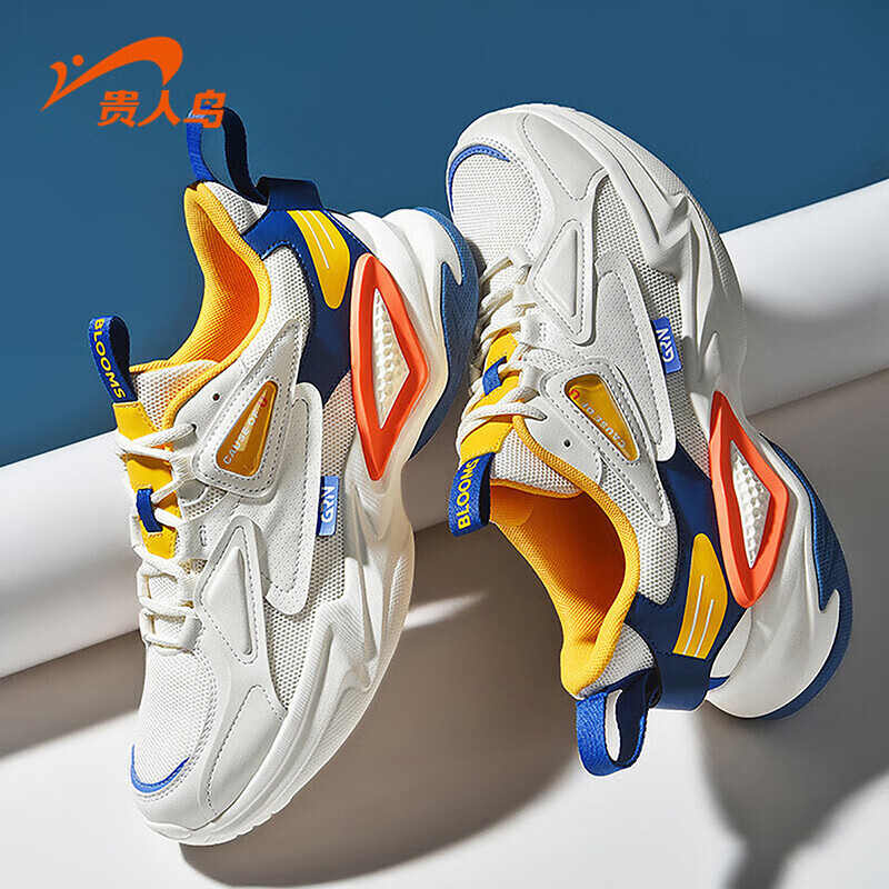 贵人鸟夏季休闲鞋透气厚底白色老爹鞋男士低帮网面运动鞋