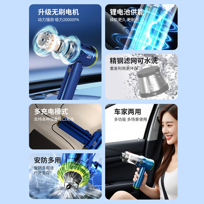 小狗车载吸尘器无线汽车用手持吸尘器大吸力家用小型便携吹吸两用桌面电脑除尘节日生日礼物送男友老公 【旗舰20000Pa蓝】吹吸抽充破割+收纳包+地刷