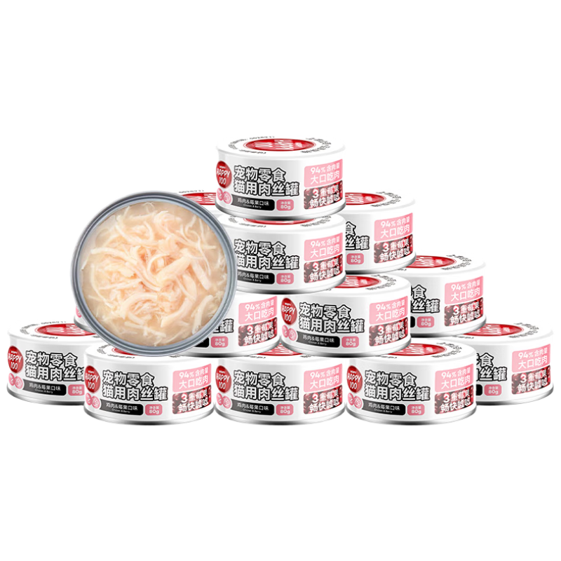 顽皮 Wanpy 鸡肉莓果猫罐头80g 24罐 汤汁型 猫咪零食湿粮 happy100果饭儿 59.01元