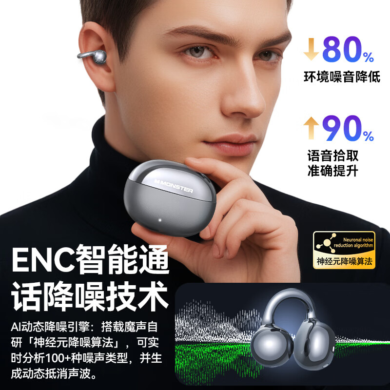 魔声(Monster)Open Ear AC226开放式蓝牙耳机 骨传导概念蓝牙耳机无线夹耳式不入耳耳夹式主动降噪 手机通用 AC226黑色【新款-HIFI零感佩戴】