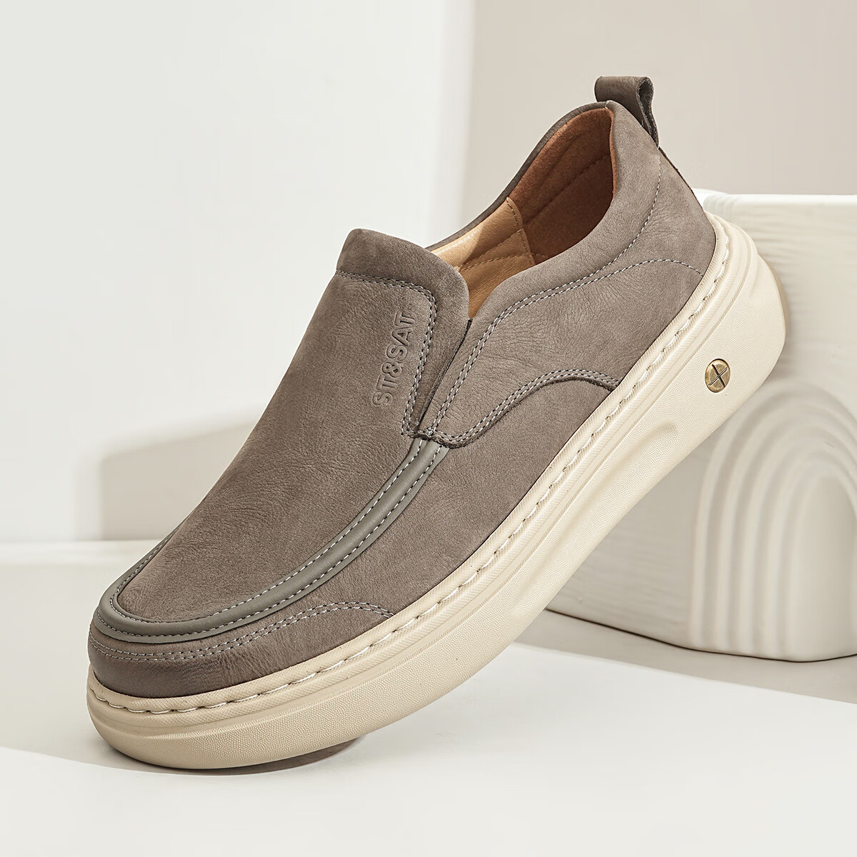 星期六男鞋头层牛皮时尚布鞋舒适百搭工装鞋复古风休闲鞋套脚帆布鞋子男