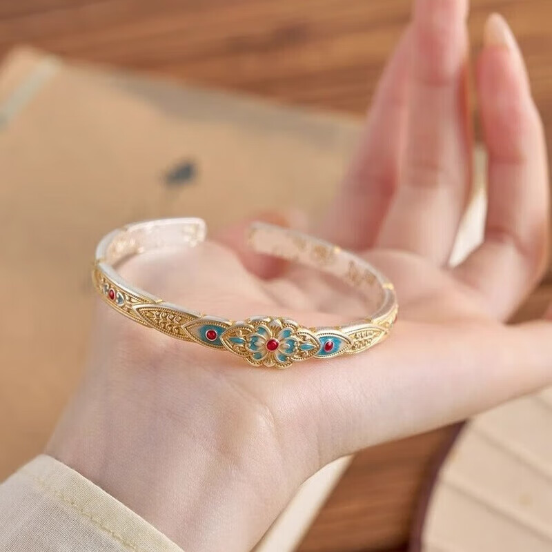 纯银唐草纹手镯女9999实心足银镯子中式民族风复古传承手环 中式宫廷银手镯丨25礼盒丨证书