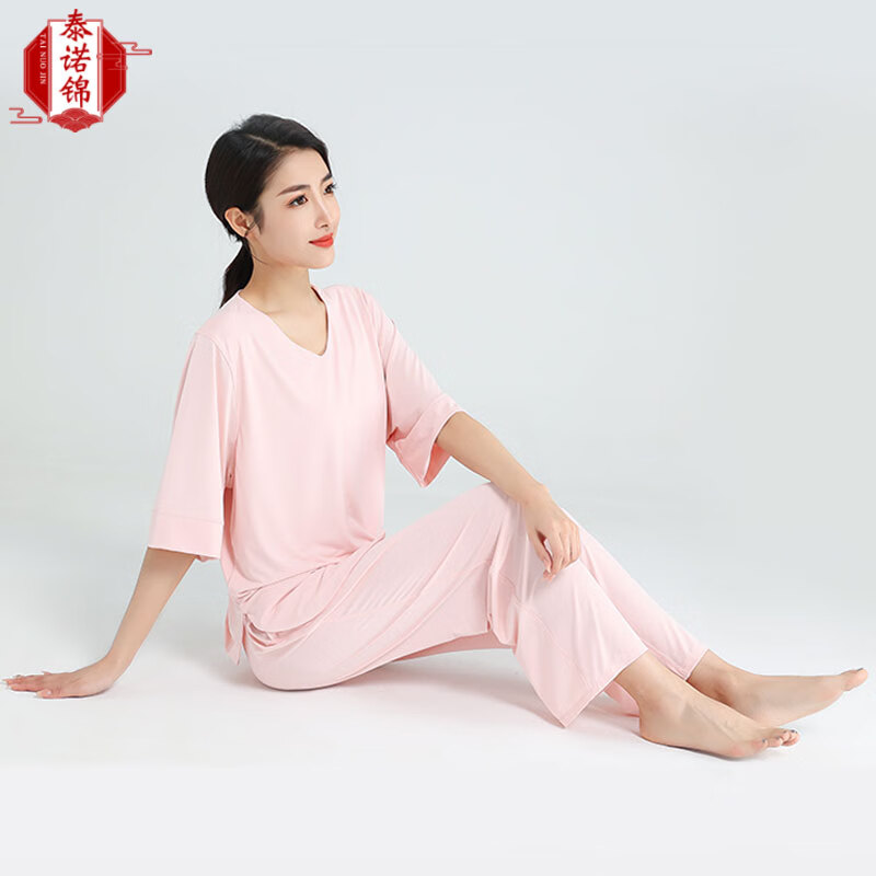 泰諾錦汗蒸服女曲水浴服冰涼絲云絲睡衣桑拿服按摩服男士洗浴家居服蘭亭 女柔粉桃夭 冰涼絲 曲水款 L